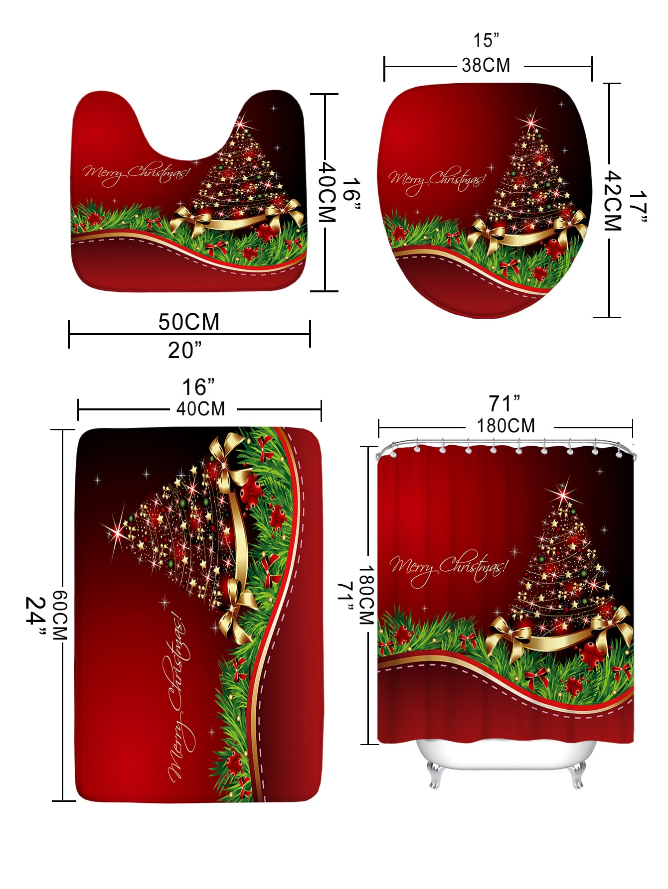 4pc Christmas Tree & Slogan Graphic Bath Rug And Shower Curtain