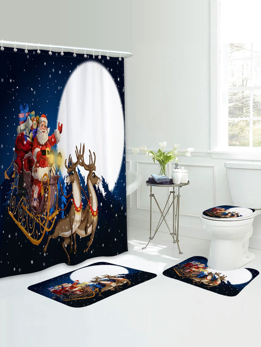 4pc Christmas Santa & Elk Pattern Shower Curtain And Bath Rug