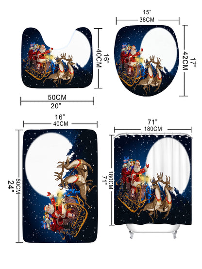 4pc Christmas Santa & Elk Pattern Shower Curtain And Bath Rug