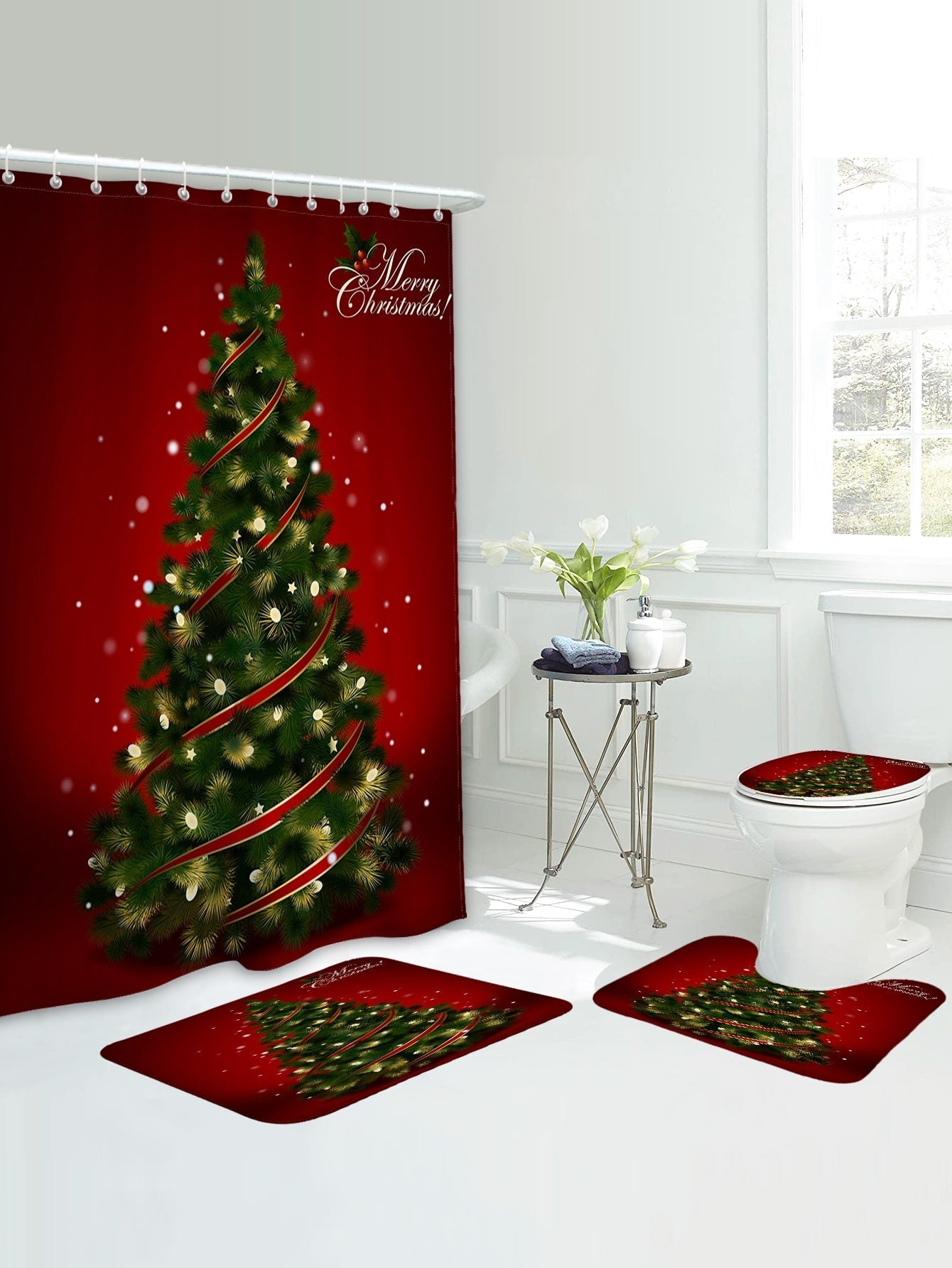 4pc Christmas Tree Pattern Shower Curtain And Bath Rug