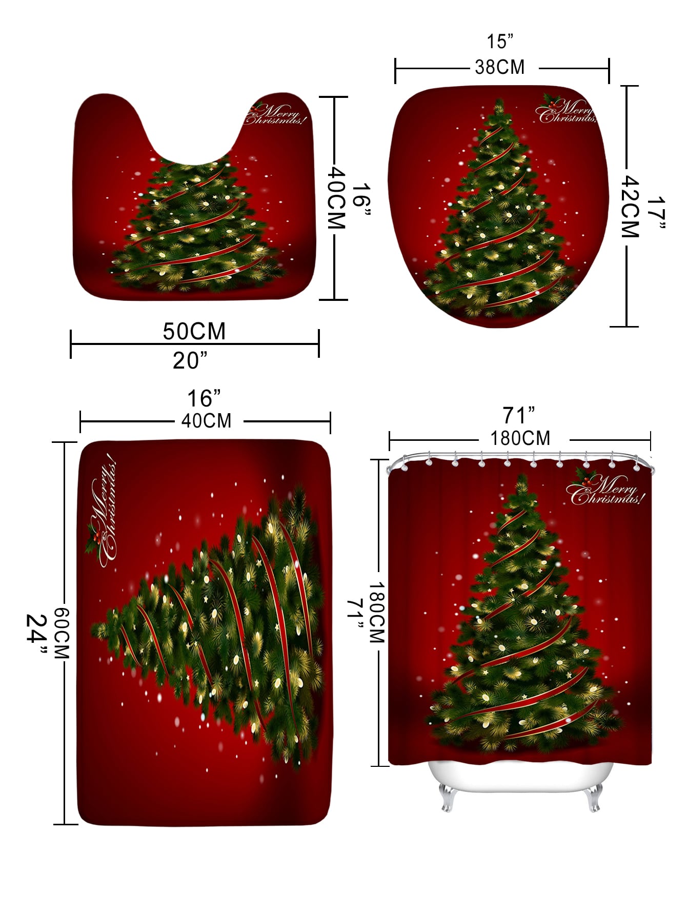 4pc Christmas Tree Pattern Shower Curtain And Bath Rug