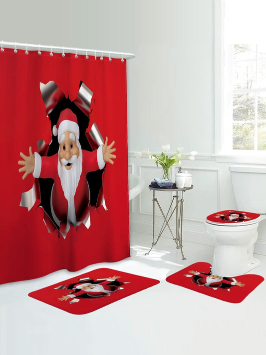 4pc Christmas Santa Pattern Shower Curtain And Bath Rug