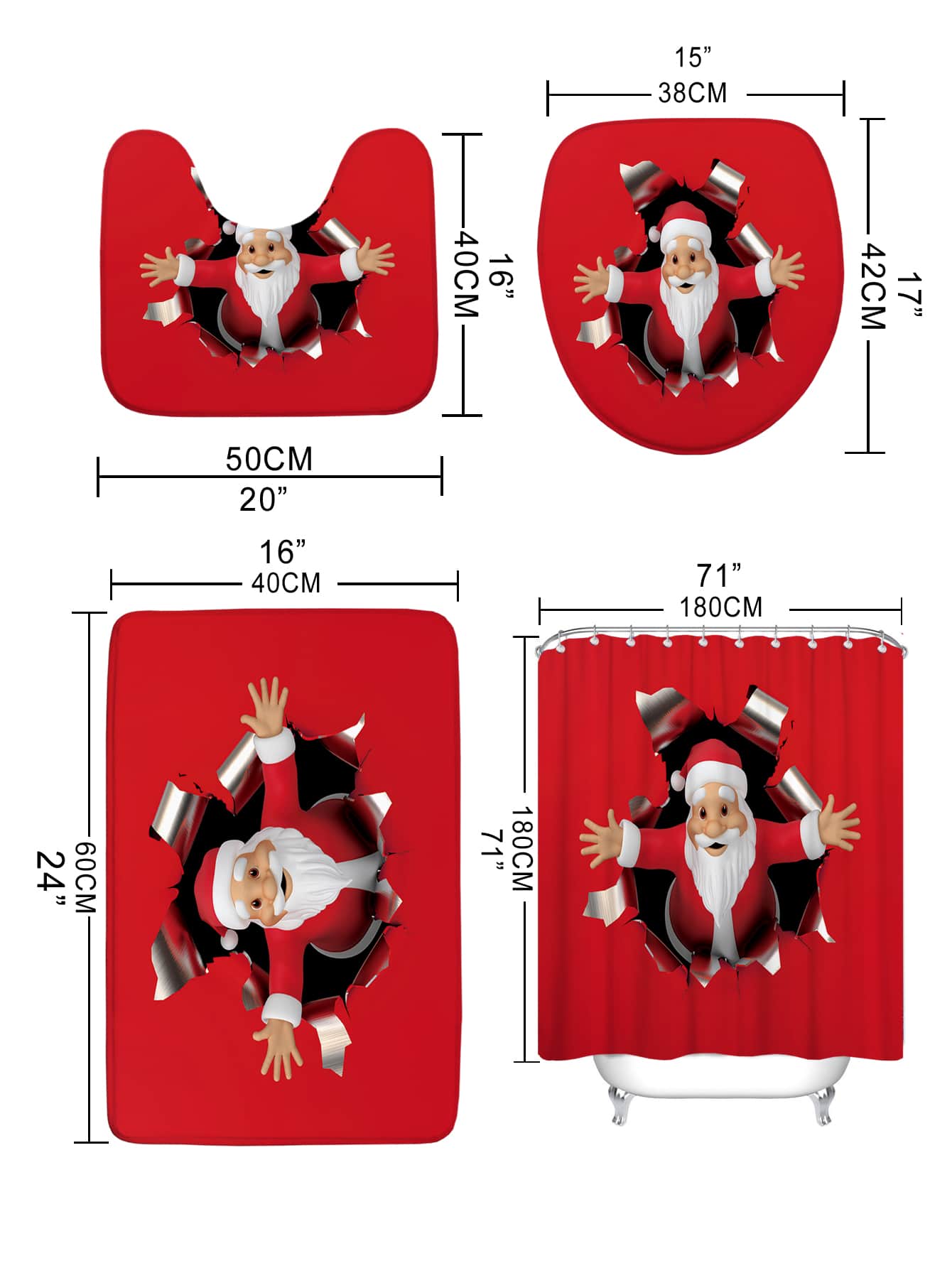 4pc Christmas Santa Pattern Shower Curtain And Bath Rug