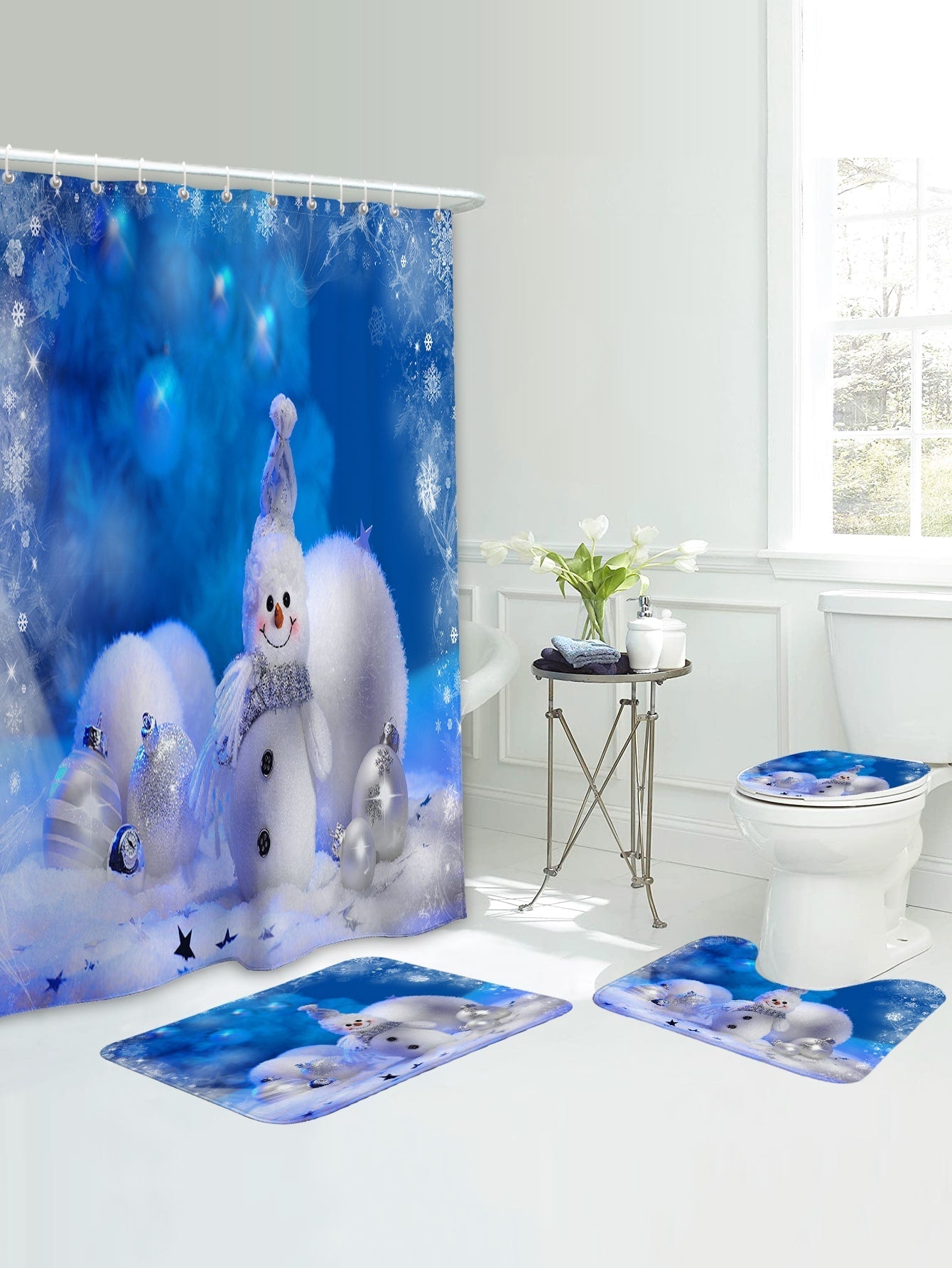 4pc Christmas Snowman Pattern Shower Curtain And Bath Rug