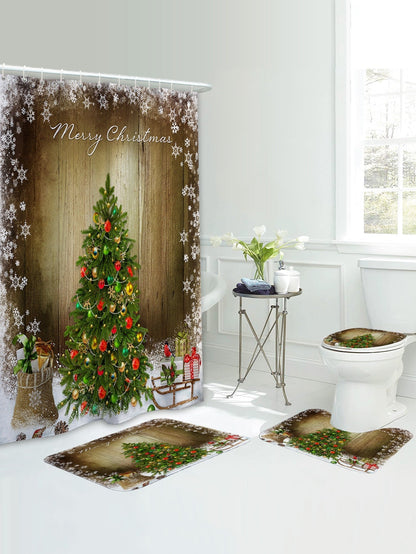 4pc Christmas Tree Pattern Shower Curtain And Bath Rug