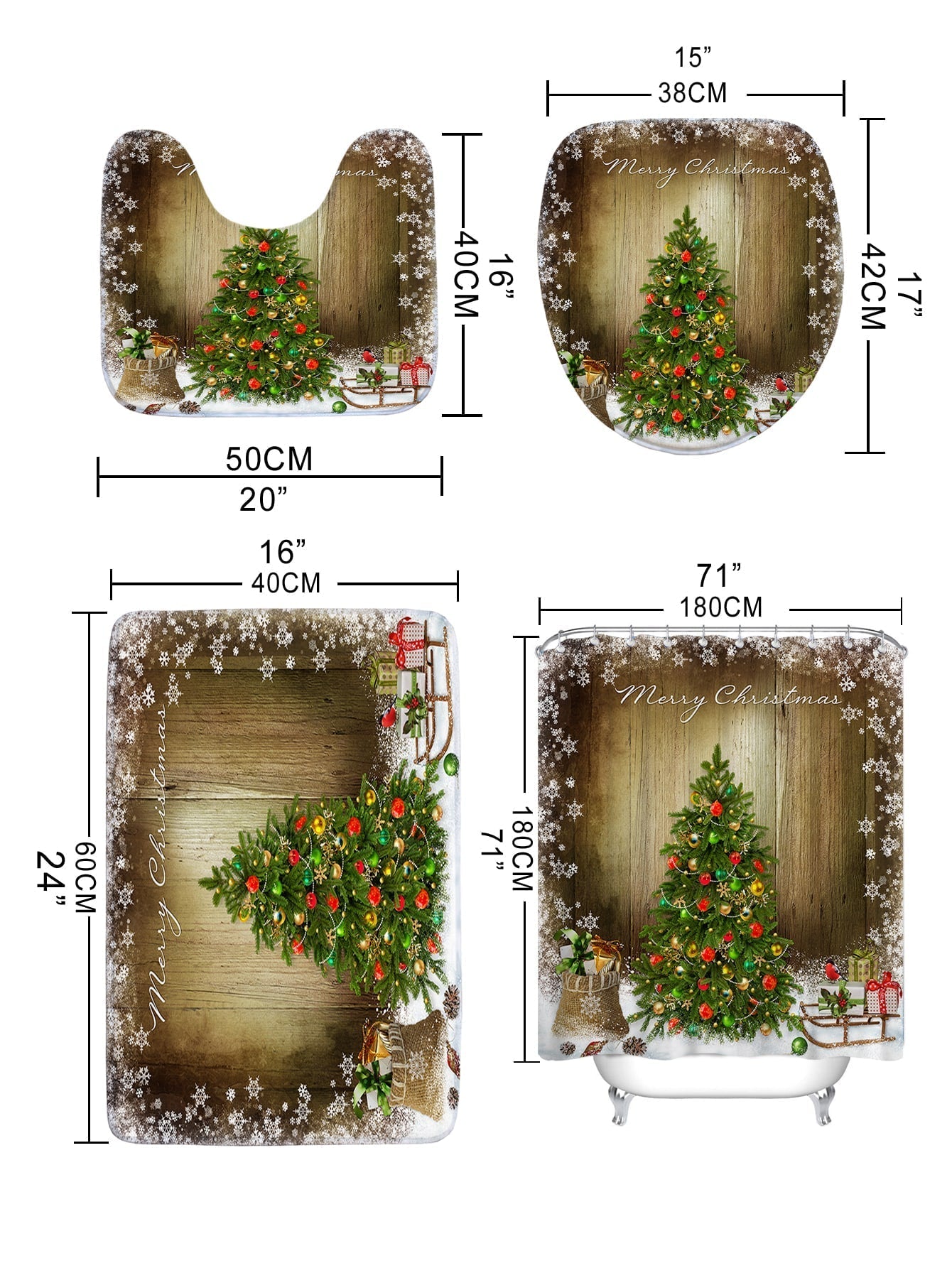 4pc Christmas Tree Pattern Shower Curtain And Bath Rug