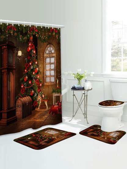 4pc Christmas Tree Pattern Shower Curtain And Bath Rug