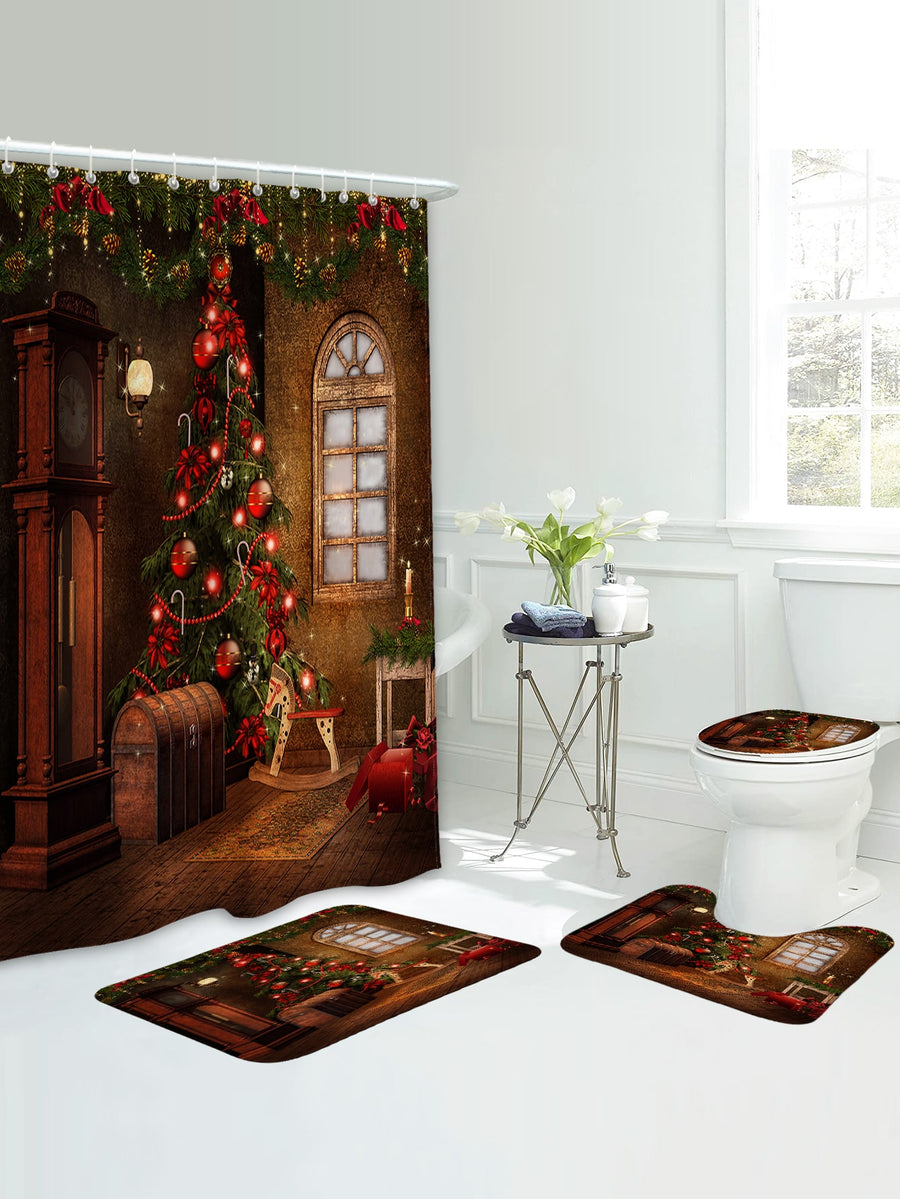4pc Christmas Tree Pattern Shower Curtain and Bath Rug