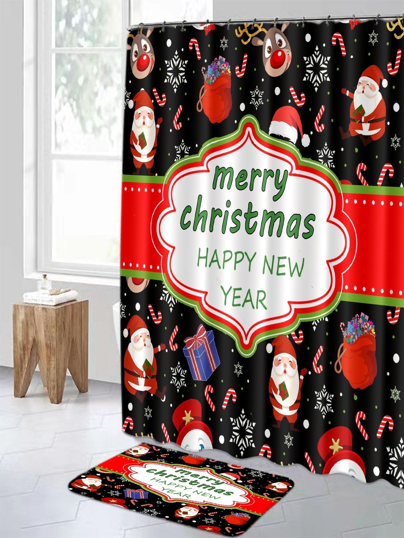 4pc Christmas Slogan & Santa Print Bath Rug And Shower Curtain