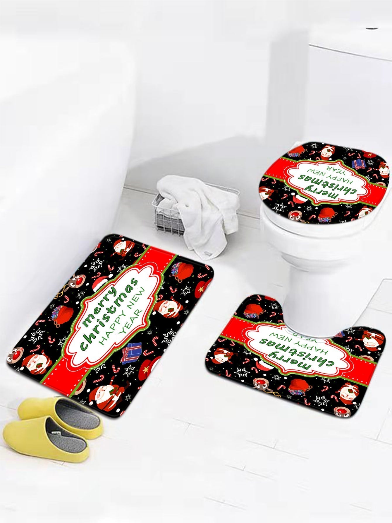 4pc Christmas Slogan & Santa Print Bath Rug And Shower Curtain