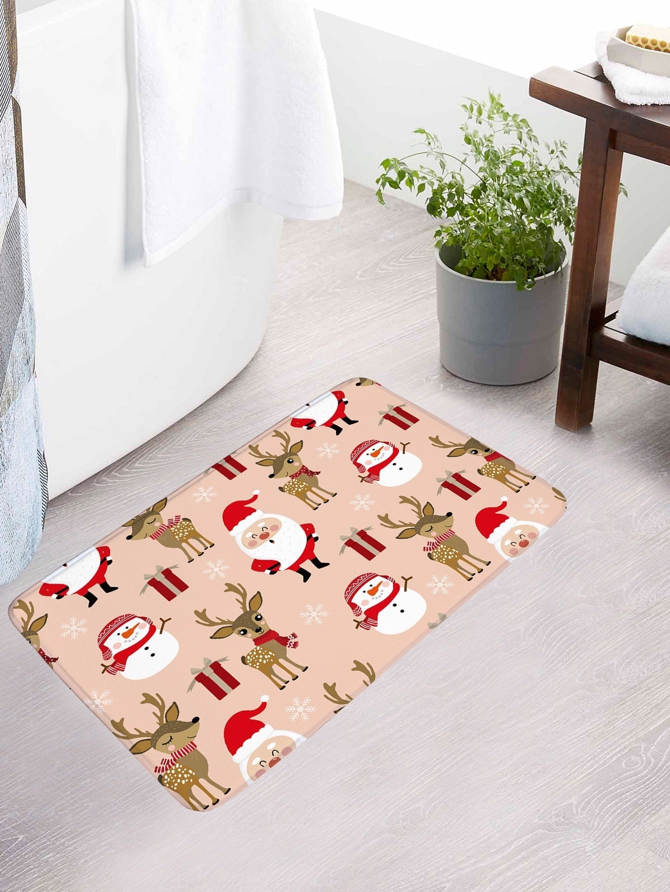 4pc Christmas Elk & Santa Claus Pattern Bath Rug And Shower Curtain