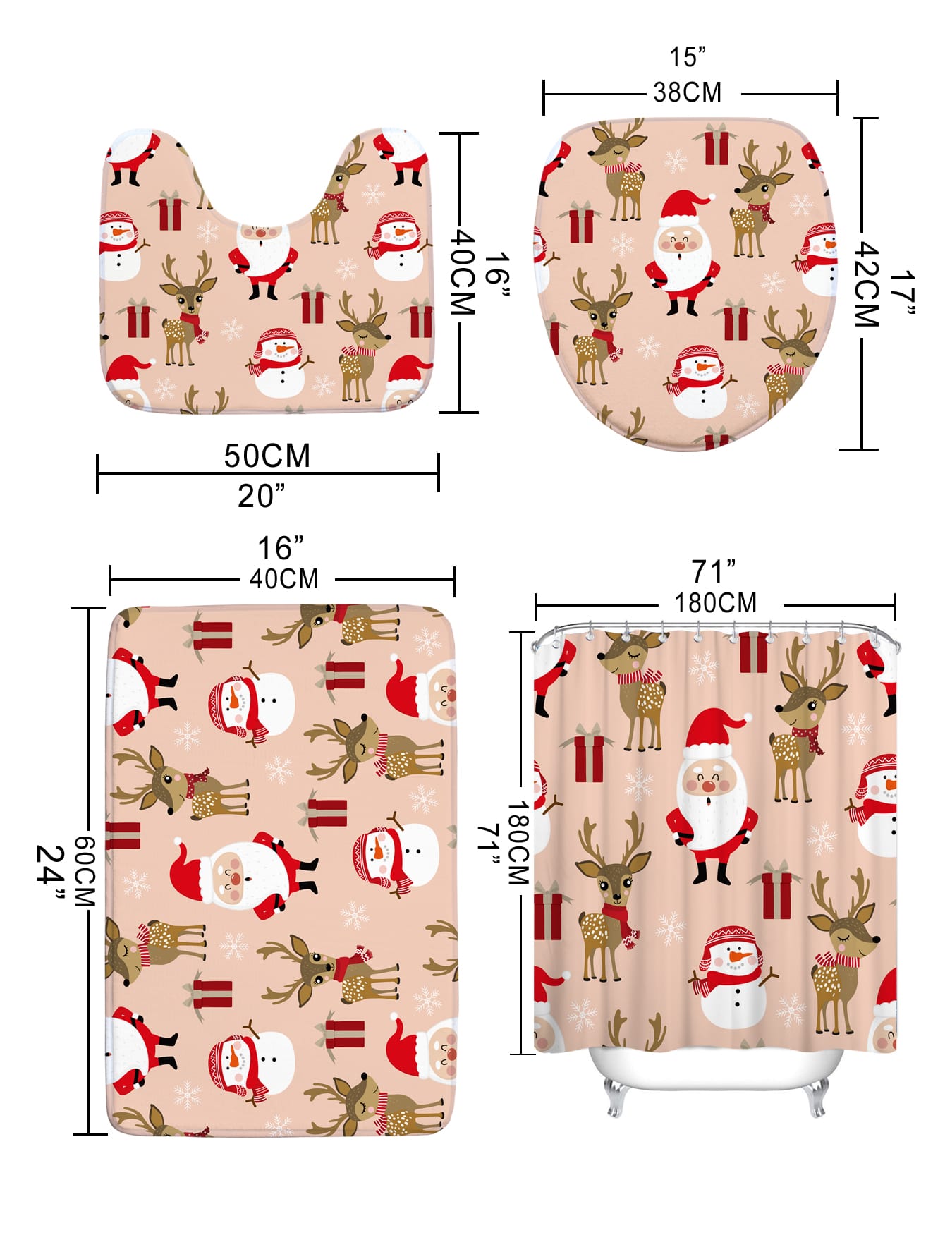 4pc Christmas Elk & Santa Claus Pattern Bath Rug And Shower Curtain