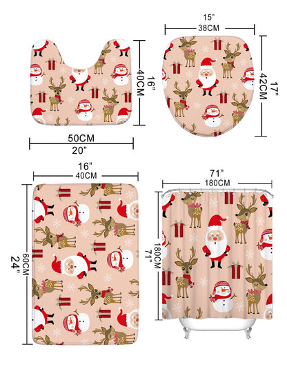 4pc Christmas Elk & Santa Claus Pattern Bath Rug And Shower Curtain