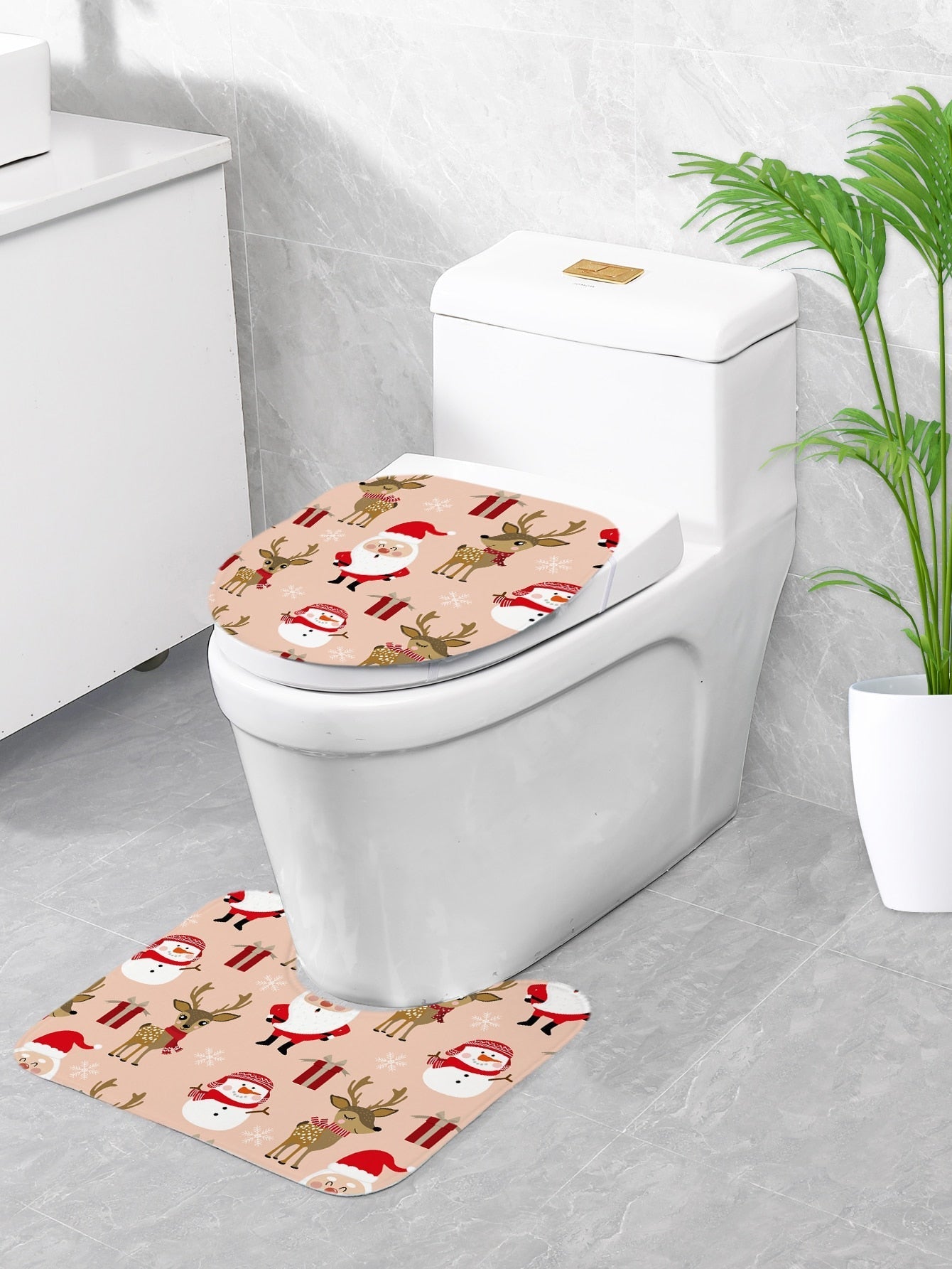 4pc Christmas Elk & Santa Claus Pattern Bath Rug And Shower Curtain