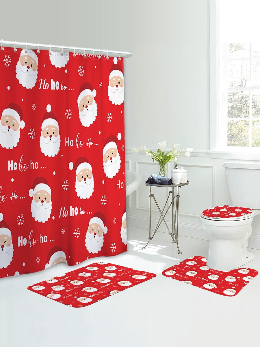 4pc Christmas Santa Claus Bath Rug And Shower Curtain