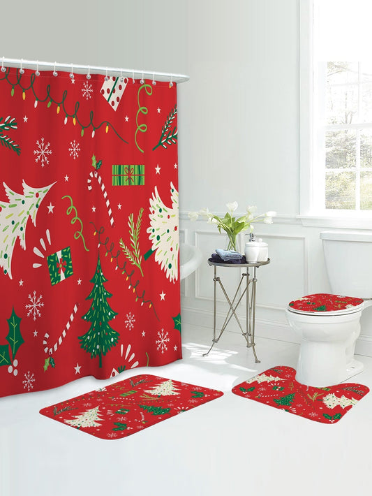 4pc Christmas Tree Pattern Bath Rug And Shower Curtain