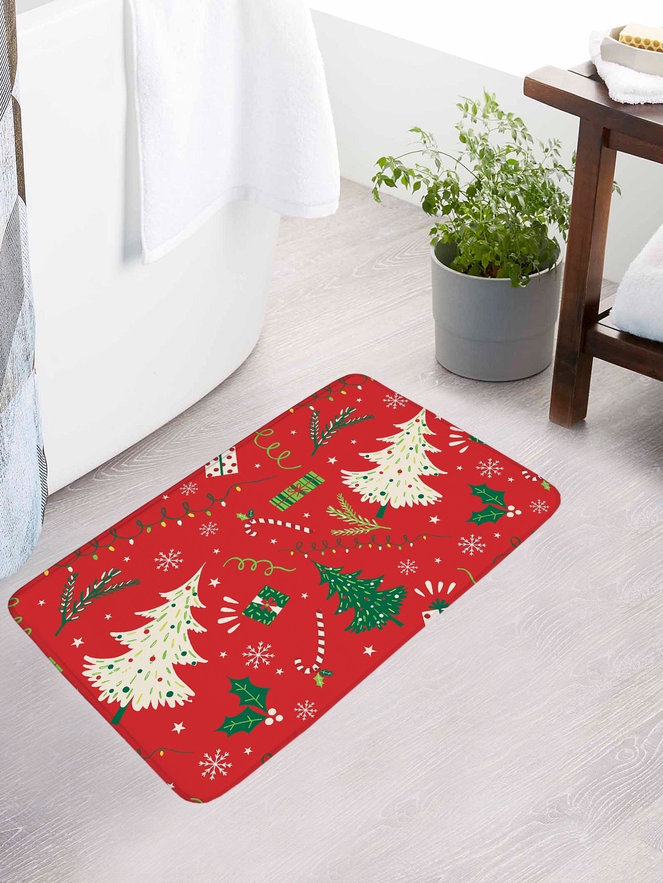 4pc Christmas Tree Pattern Bath Rug And Shower Curtain