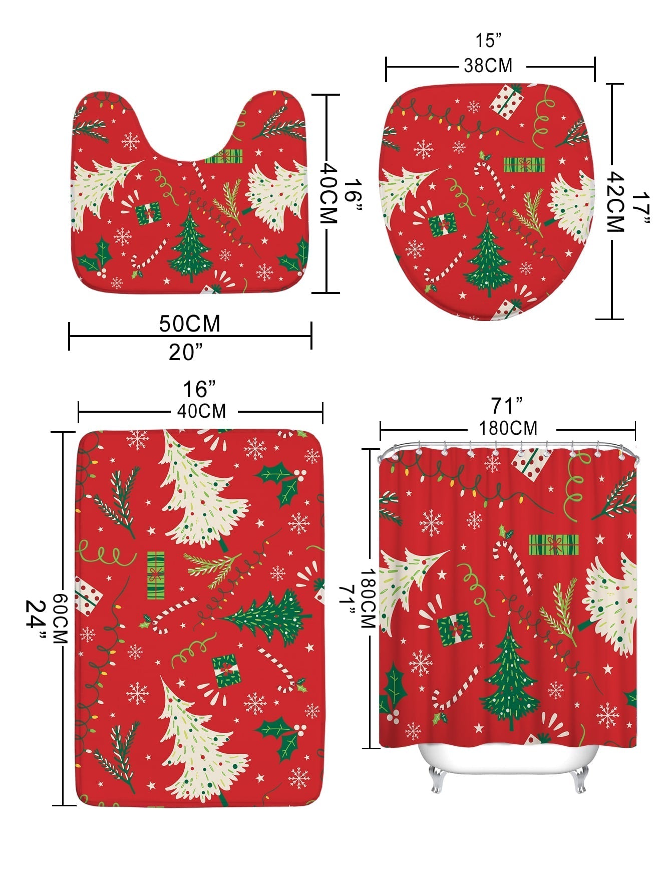 4pc Christmas Tree Pattern Bath Rug And Shower Curtain