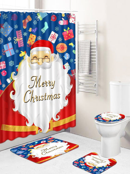 4pc Christmas Santa Pattern Shower Curtain And Bath Rug