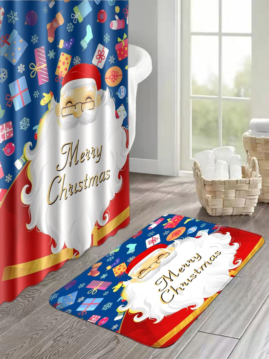 4pc Christmas Santa Pattern Shower Curtain And Bath Rug - view 4