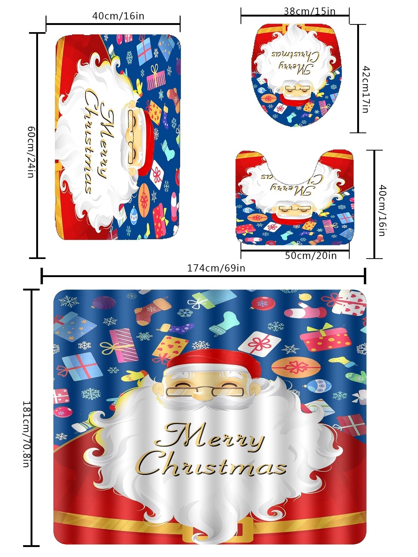 4pc Christmas Santa Pattern Shower Curtain And Bath Rug