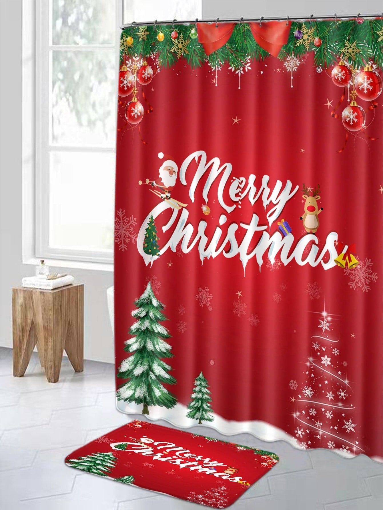 4pc Christmas Tree & Letter Graphic Bath Rug And Shower Curtain