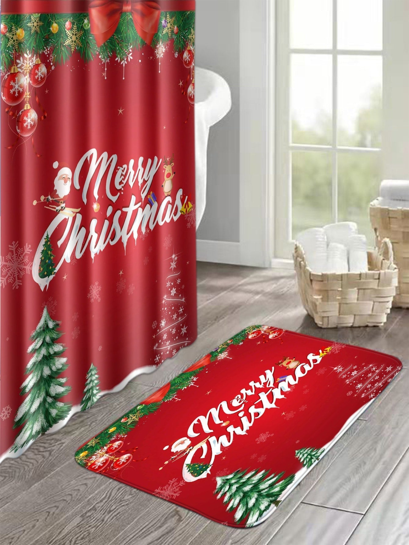 4pc Christmas Tree & Letter Graphic Bath Rug And Shower Curtain
