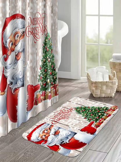 4pc Christmas Santa Claus Pattern Bath Rug And Shower Curtain