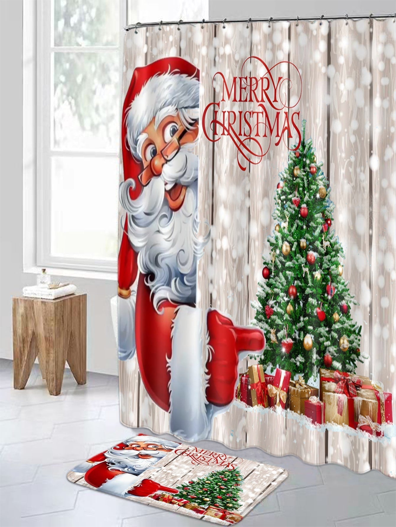 4pc Christmas Santa Claus Pattern Bath Rug And Shower Curtain