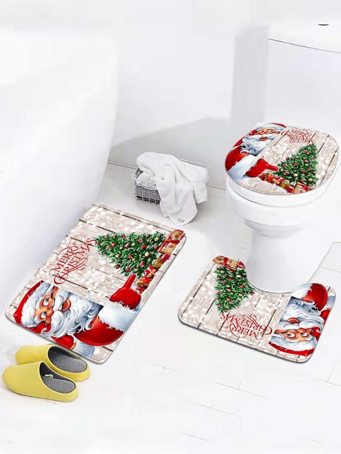 4pc Christmas Santa Claus Pattern Bath Rug And Shower Curtain