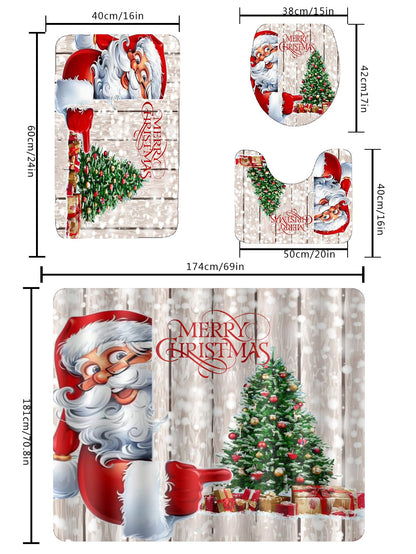 4pc Christmas Santa Claus Pattern Bath Rug And Shower Curtain