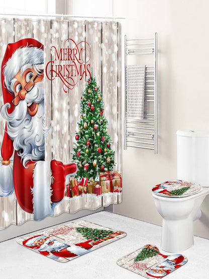 4pc Christmas Santa Claus Pattern Bath Rug And Shower Curtain