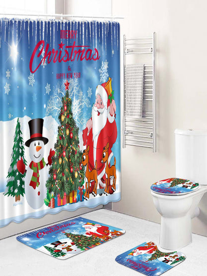 4pc Christmas Santa Claus Print Bath Rug And Shower Curtain