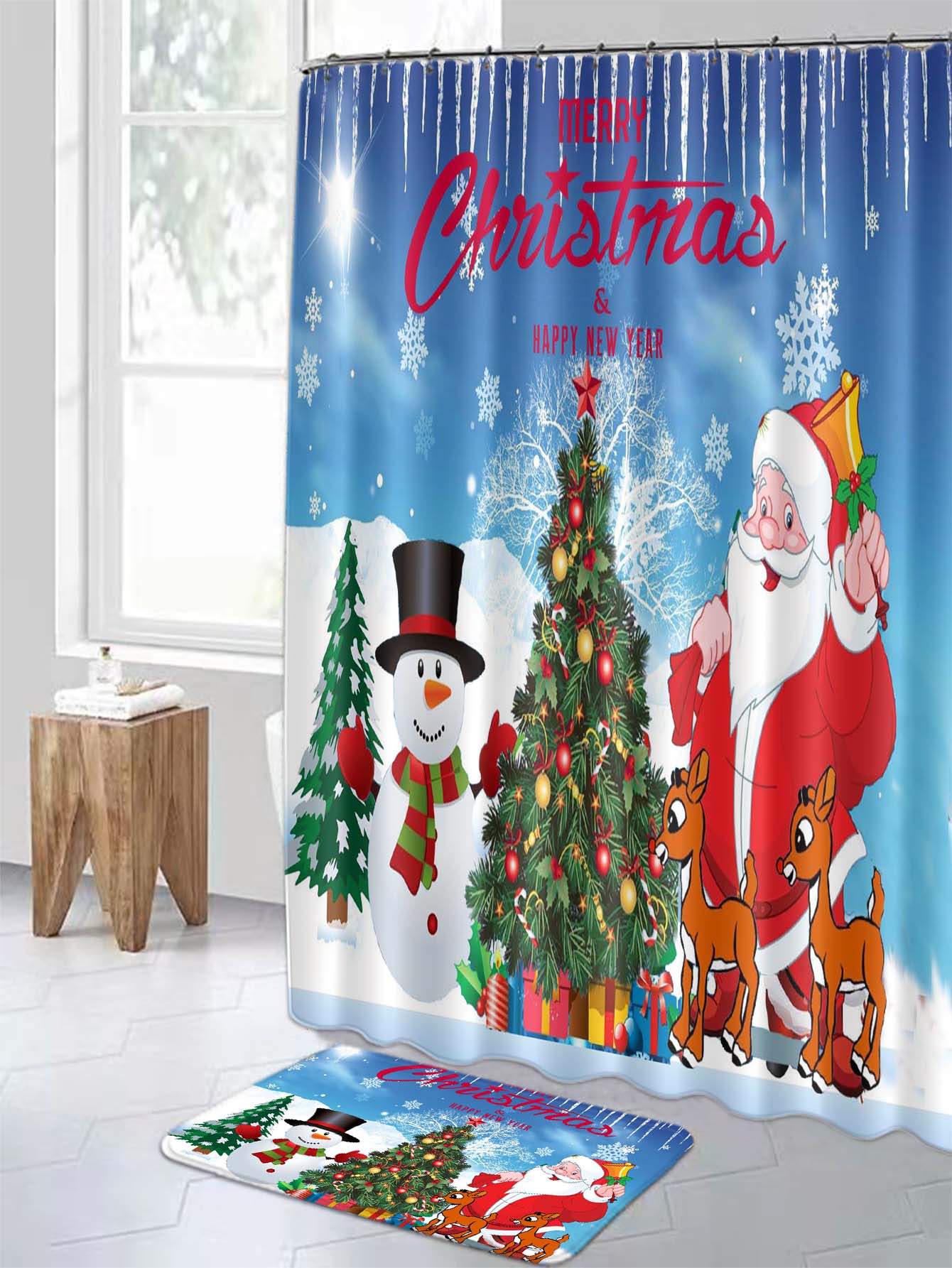 4pc Christmas Santa Claus Print Bath Rug And Shower Curtain