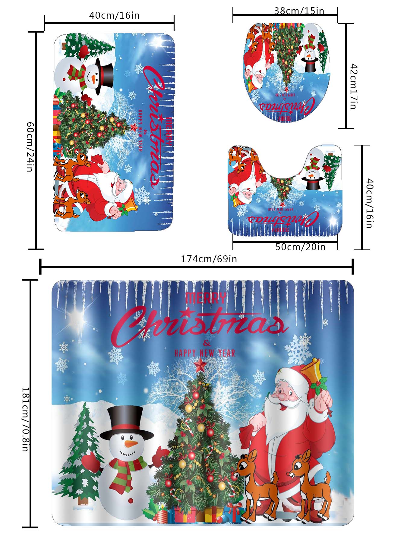 4pc Christmas Santa Claus Print Bath Rug And Shower Curtain