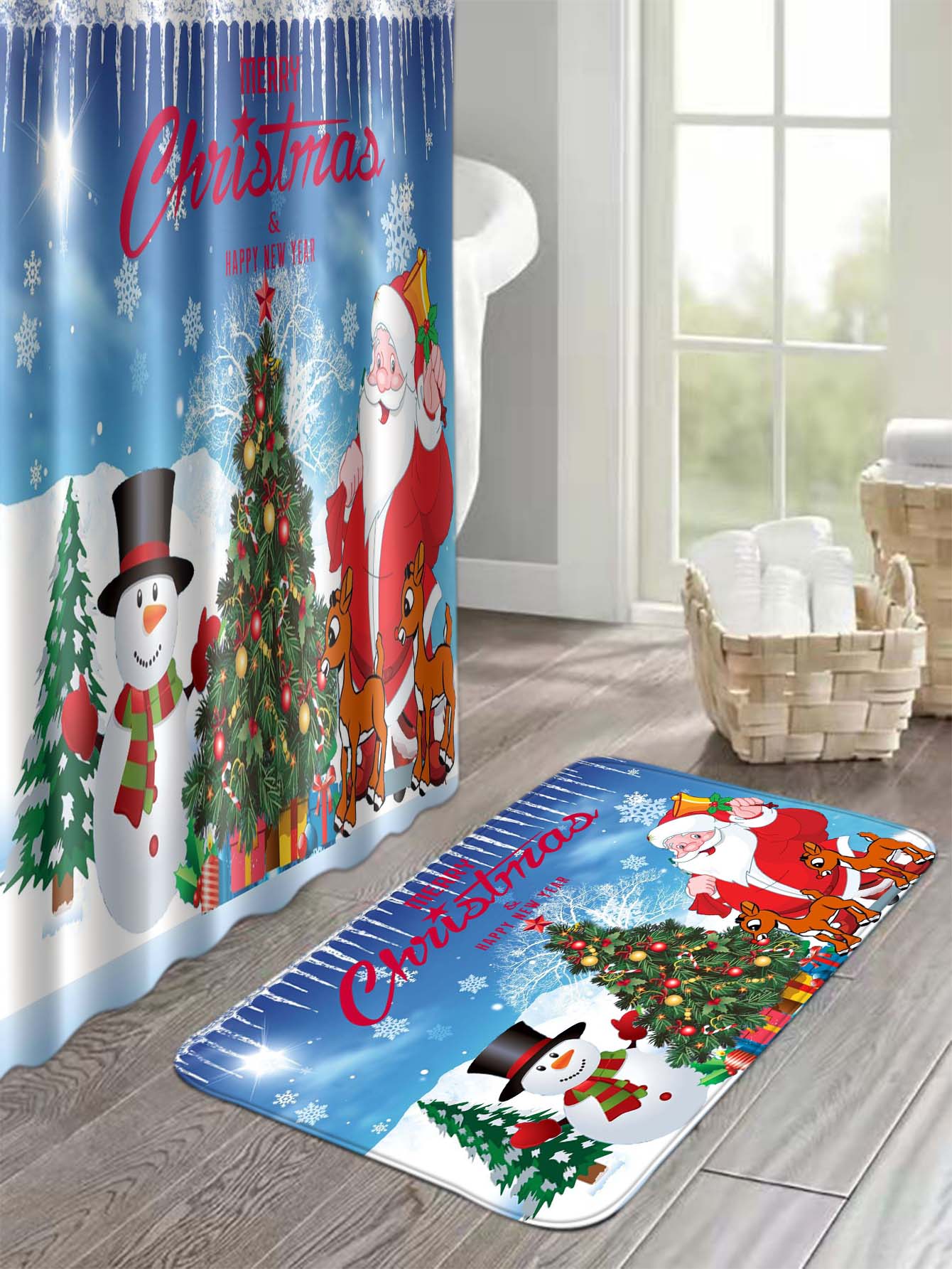 4pc Christmas Santa Claus Print Bath Rug And Shower Curtain