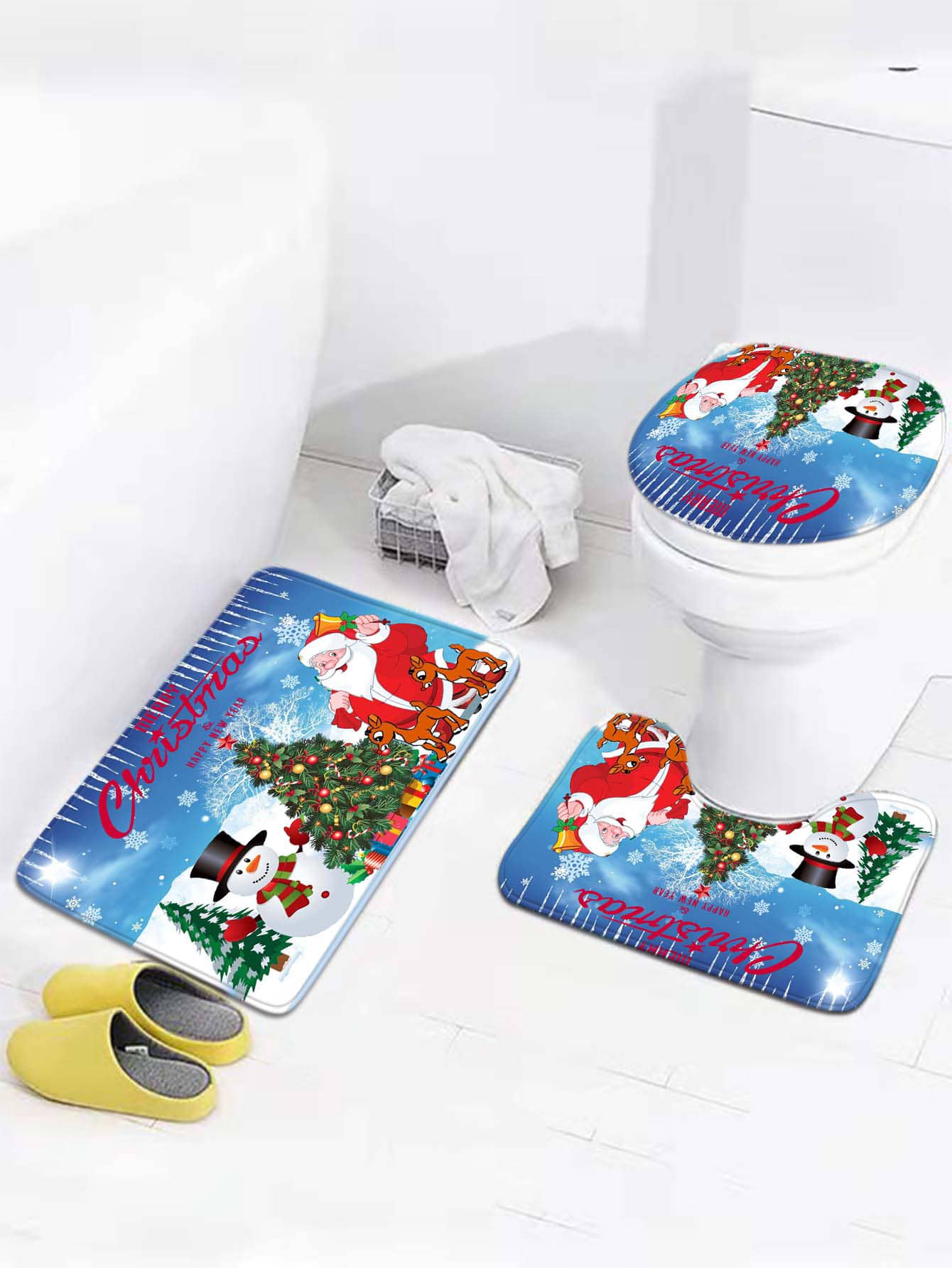 4pc Christmas Santa Claus Print Bath Rug And Shower Curtain