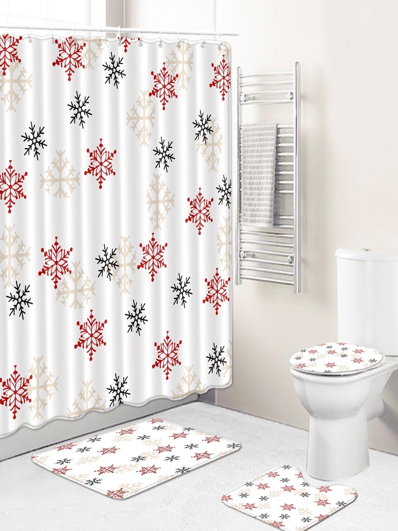 4pc Snowflake Pattern Bath Rug And Shower Curtain