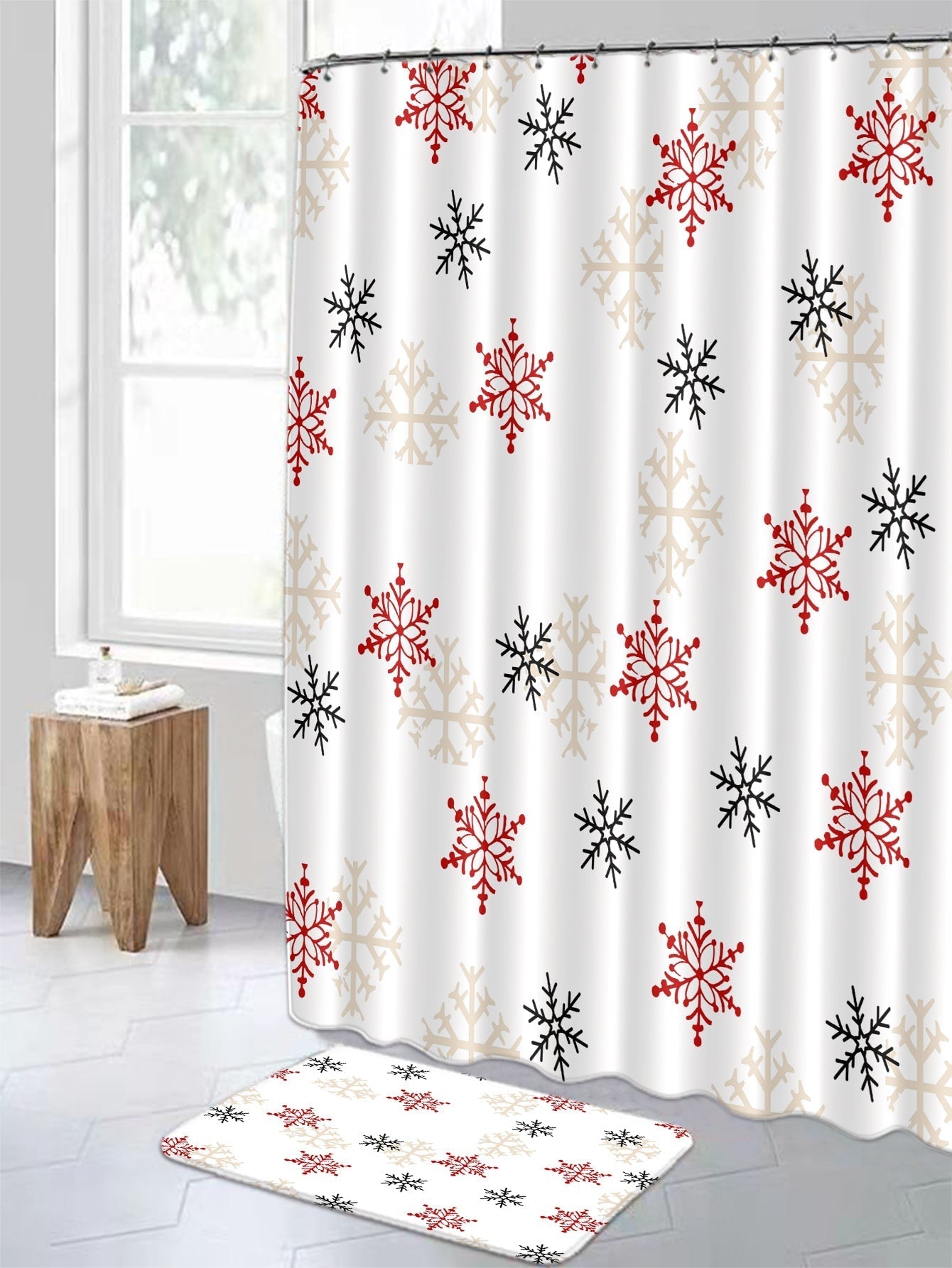 4pc Snowflake Pattern Bath Rug And Shower Curtain