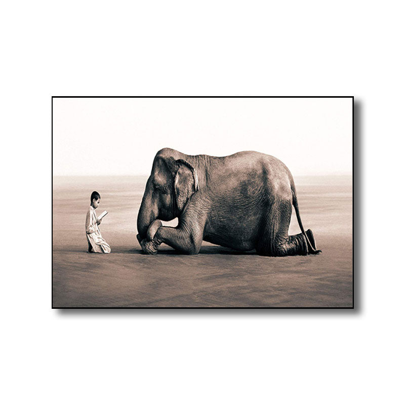 Photograph Print Modernist Canvas Art with Boy and Elephant Pattern in Black for Parlor Clearhalo 'Art Gallery' 'Canvas Art' 'Kids' Arts' 1690574