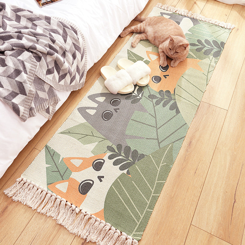 Green and Ivory Nursery Rug Kids Animal Cat Fish Pattern Area Rug Cotton Pet Friendly Carpet with Fringe