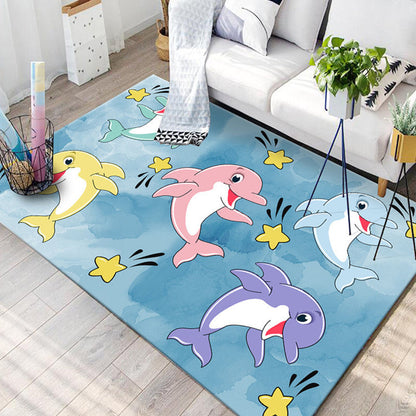 Kids Child's Room Rug in Blue and Pink Animal Cat Rabbit Dolphin Print Rug Polyester Pet Friendly Area Rug - Blue - Clearhalo - 'Area Rug' - 'Rug' - 1692587