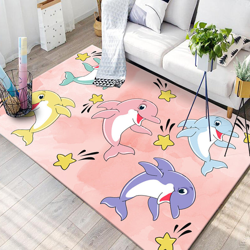 Kids Child's Room Rug in Blue and Pink Animal Cat Rabbit Dolphin Print Rug Polyester Pet Friendly Area Rug - Red - Clearhalo - 'Area Rug' - 'Rug' - 1692589