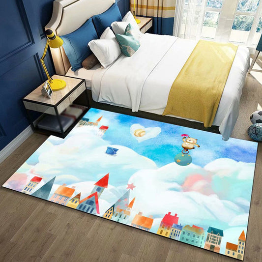 Cute Kids Rug in Blue and Pink Fairy Tales Castle Balloon Pattern Rug Polyester Washable Carpet for Children's Room