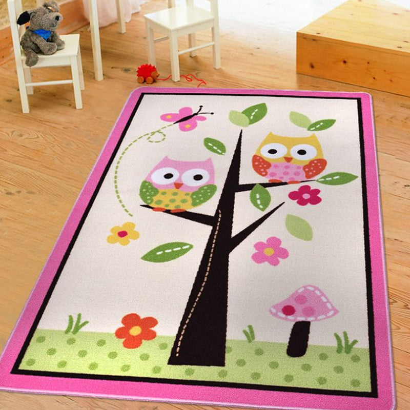 Kids Child's Room Rug in Pink and Green Animal Owl Floral Tree Print Rug Polyester Stain-Resistant Area Rug - Green - 3'3" x 4'7" - Clearhalo - 'Area Rug' - 'Rug' - 1693158