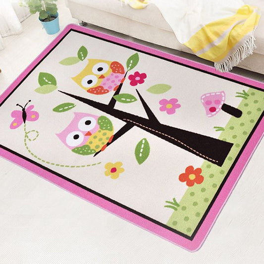 Kids Child's Room Rug in Pink and Green Animal Owl Floral Tree Print Rug Polyester Stain-Resistant Area Rug - Clearhalo - 'Area Rug' - 'Rug' - 1693159