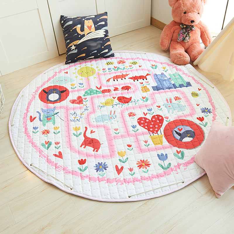 Grey and Pink Nursery Rug Kids Cars & Roads House Heart Pattern Area Rug Polyester Stain-Resistant Carpet