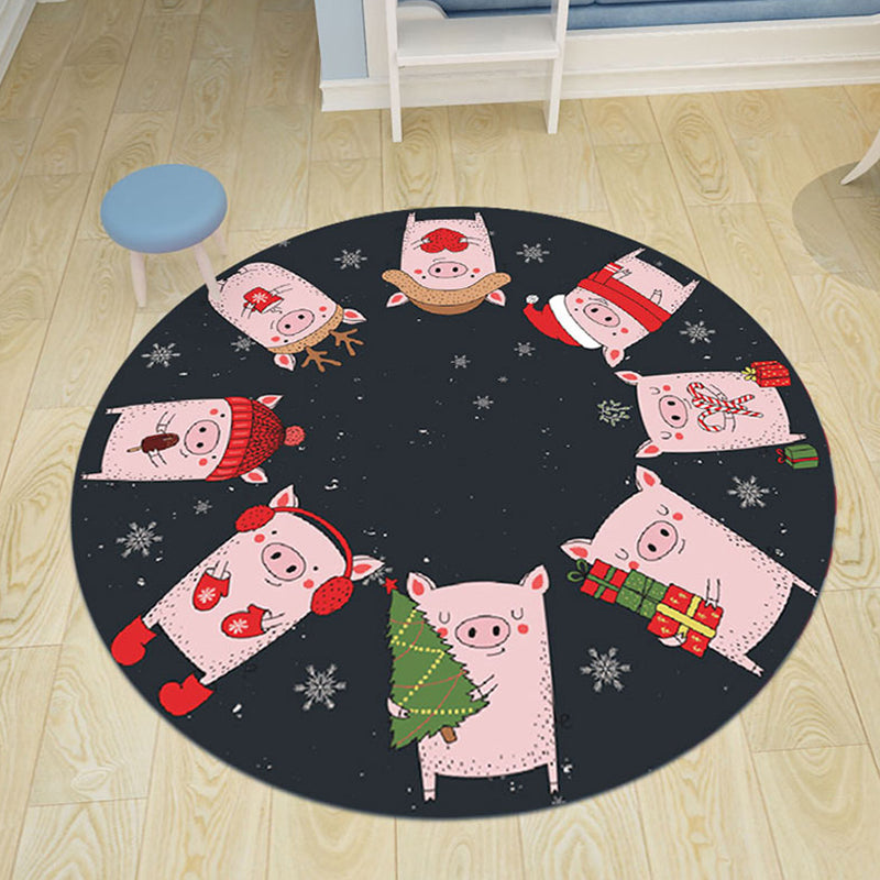 Kids Bedroom Rug in Black and Blue Animal Pig Rabbit Jellyfish Print Rug Polyester Stain-Resistant Area Rug - Black - Clearhalo - 'Area Rug' - 'Rug' - 1693219