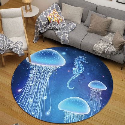 Kids Bedroom Rug in Black and Blue Animal Pig Rabbit Jellyfish Print Rug Polyester Stain-Resistant Area Rug - Blue - Clearhalo - 'Area Rug' - 'Rug' - 1693220