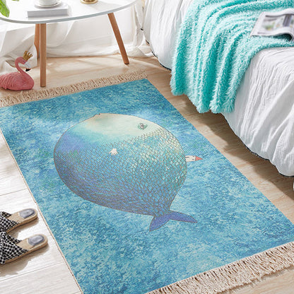 Blue Nursery Rug Kids Animal Fish Pattern Area Rug Cotton and Linen Washable Carpet with Fringe - Blue - Clearhalo - 'Area Rug' - 'Rug' - 1693317